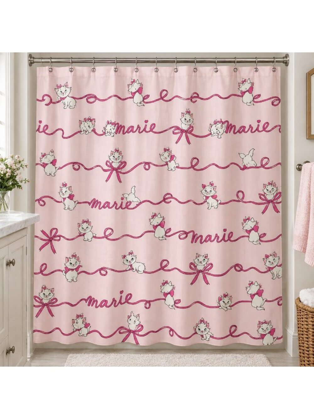 New Disney Aristocats Marie Pink Shower Curtain Set 13 Pc 72 x 72 with Hooks